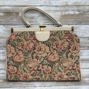 VTG 50s 60s Woven Tapestry Floral Purse Cream Pink GrannyCore Coquette Retro